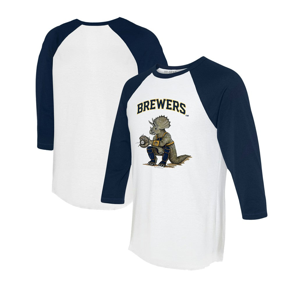 White/Navy Milwaukee Brewers Tiny Turnip Unisex Triceratops 3/4-Sleeve Raglan T-Shirt