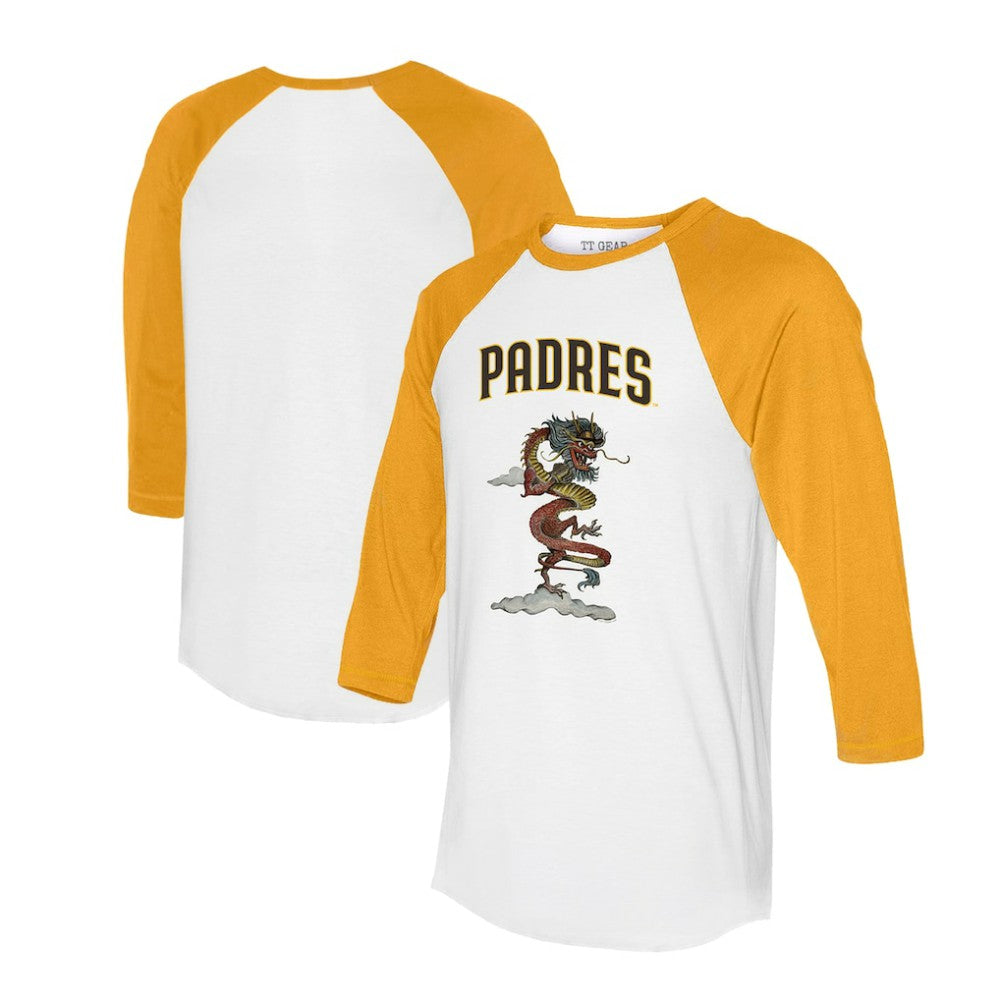 White/Gold San Diego Padres Tiny Turnip Unisex 2024 Year of the Dragon 3/4-Sleeve Raglan T-Shirt