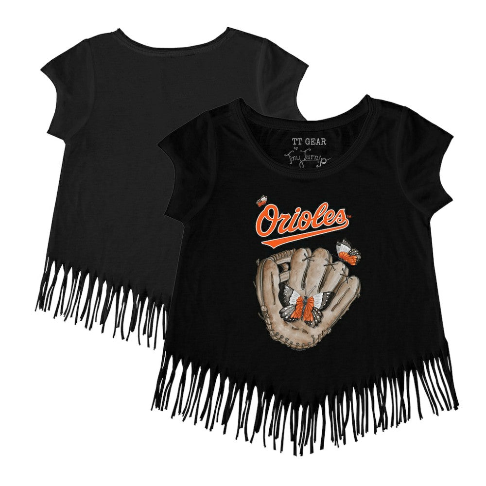 Black Baltimore Orioles Tiny Turnip Girls Youth Butterfly Glove Fringe T-Shirt