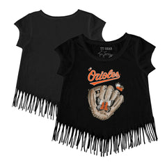 Black Baltimore Orioles Tiny Turnip Girls Youth Butterfly Glove Fringe T-Shirt