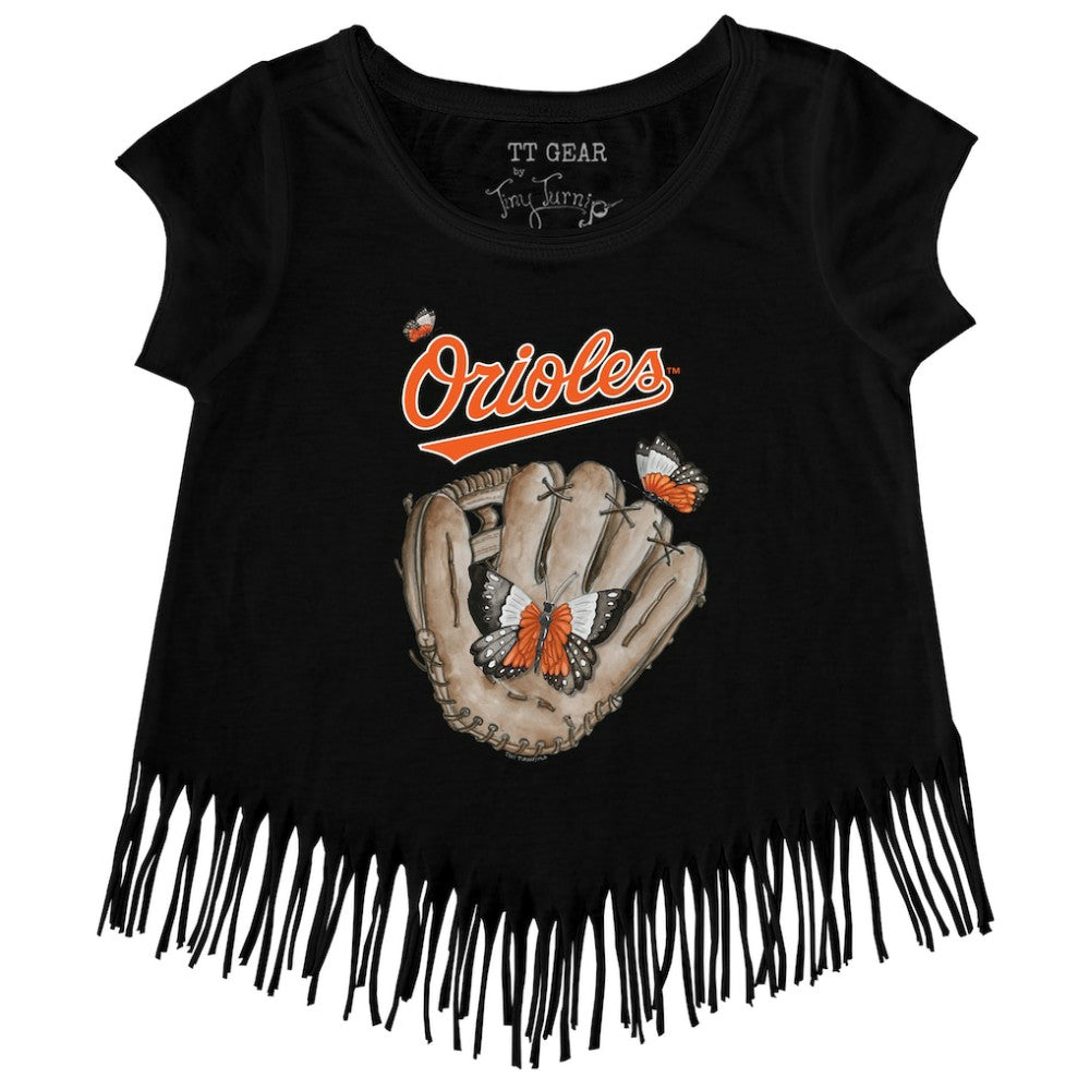 Black Baltimore Orioles Tiny Turnip Girls Youth Butterfly Glove Fringe T-Shirt