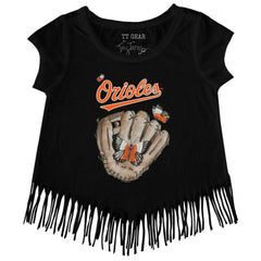 Black Baltimore Orioles Tiny Turnip Girls Youth Butterfly Glove Fringe T-Shirt