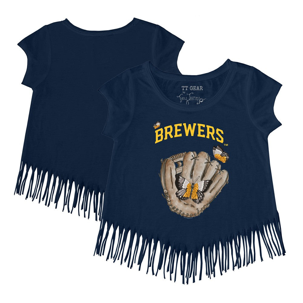 Navy Milwaukee Brewers Tiny Turnip Girls Youth Butterfly Glove Fringe T-Shirt