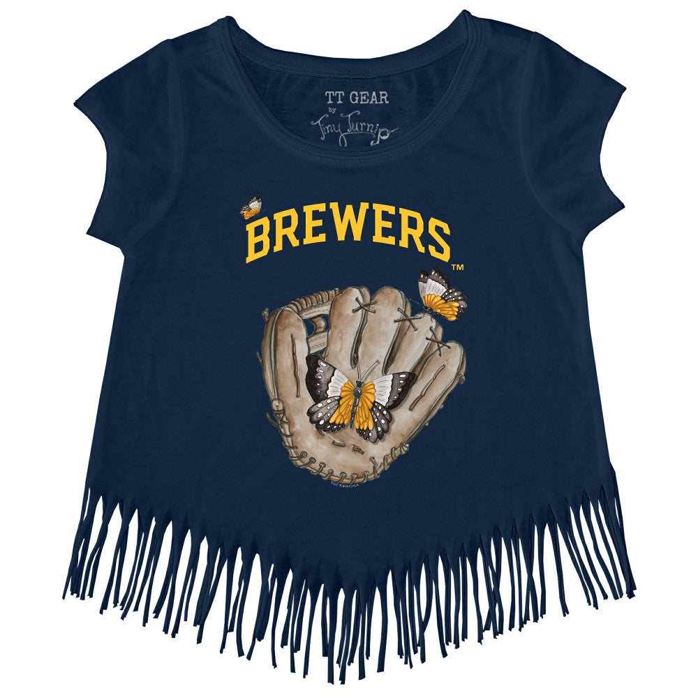 Navy Milwaukee Brewers Tiny Turnip Girls Youth Butterfly Glove Fringe T-Shirt