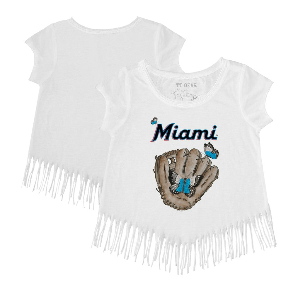 White Miami Marlins Tiny Turnip Girls Youth Butterfly Glove Fringe T-Shirt