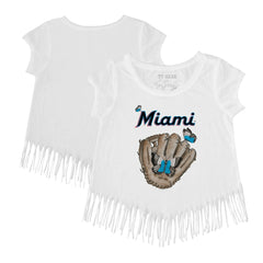 White Miami Marlins Tiny Turnip Girls Youth Butterfly Glove Fringe T-Shirt