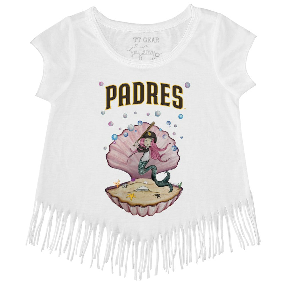 White San Diego Padres Tiny Turnip Girls Youth Mermaid Fringe T-Shirt