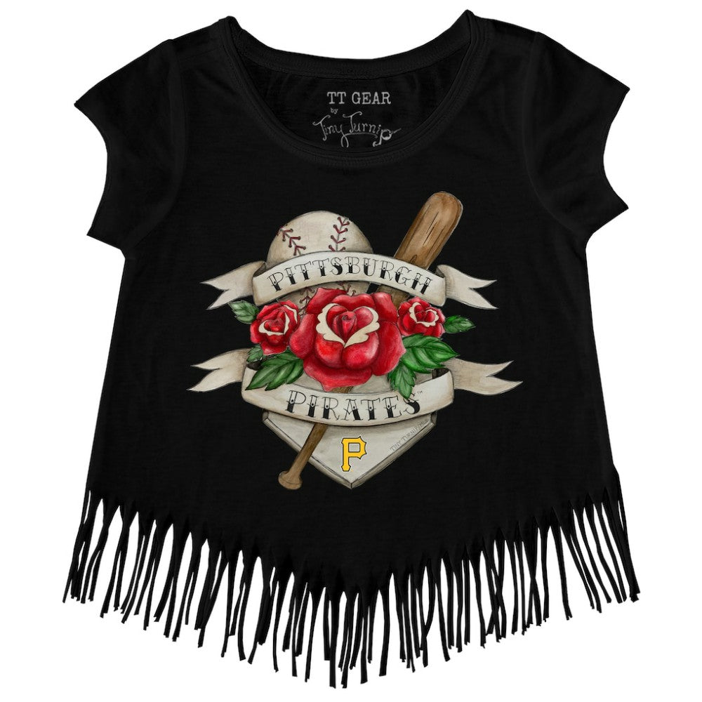 Black Pittsburgh Pirates Tiny Turnip Girls Youth Tattoo Rose Fringe T-Shirt
