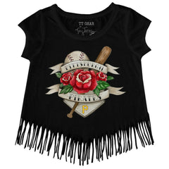 Black Pittsburgh Pirates Tiny Turnip Girls Youth Tattoo Rose Fringe T-Shirt