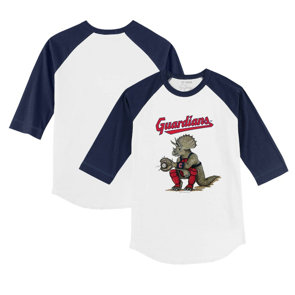 White/Navy Cleveland Guardians Tiny Turnip Youth Triceratops 3/4-Sleeve Raglan T-Shirt