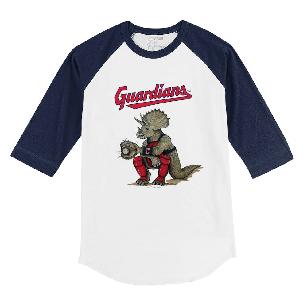 White/Navy Cleveland Guardians Tiny Turnip Youth Triceratops 3/4-Sleeve Raglan T-Shirt