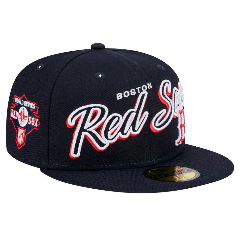 Navy Boston Red Sox New Era Script Sided 59FIFTY Fitted Hat