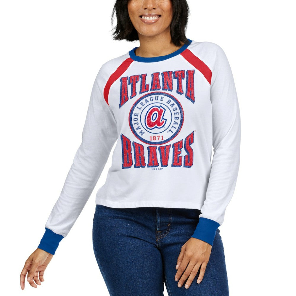 White Atlanta Braves WEAR by Erin Andrews Women's Raglan Long Sleeve T-Shirt
