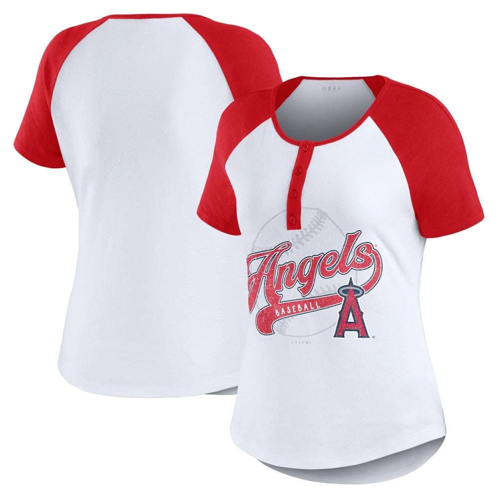 White/Red Los Angeles Angels WEAR by Erin Andrews Women's Fitted Henley Raglan T-Shirt