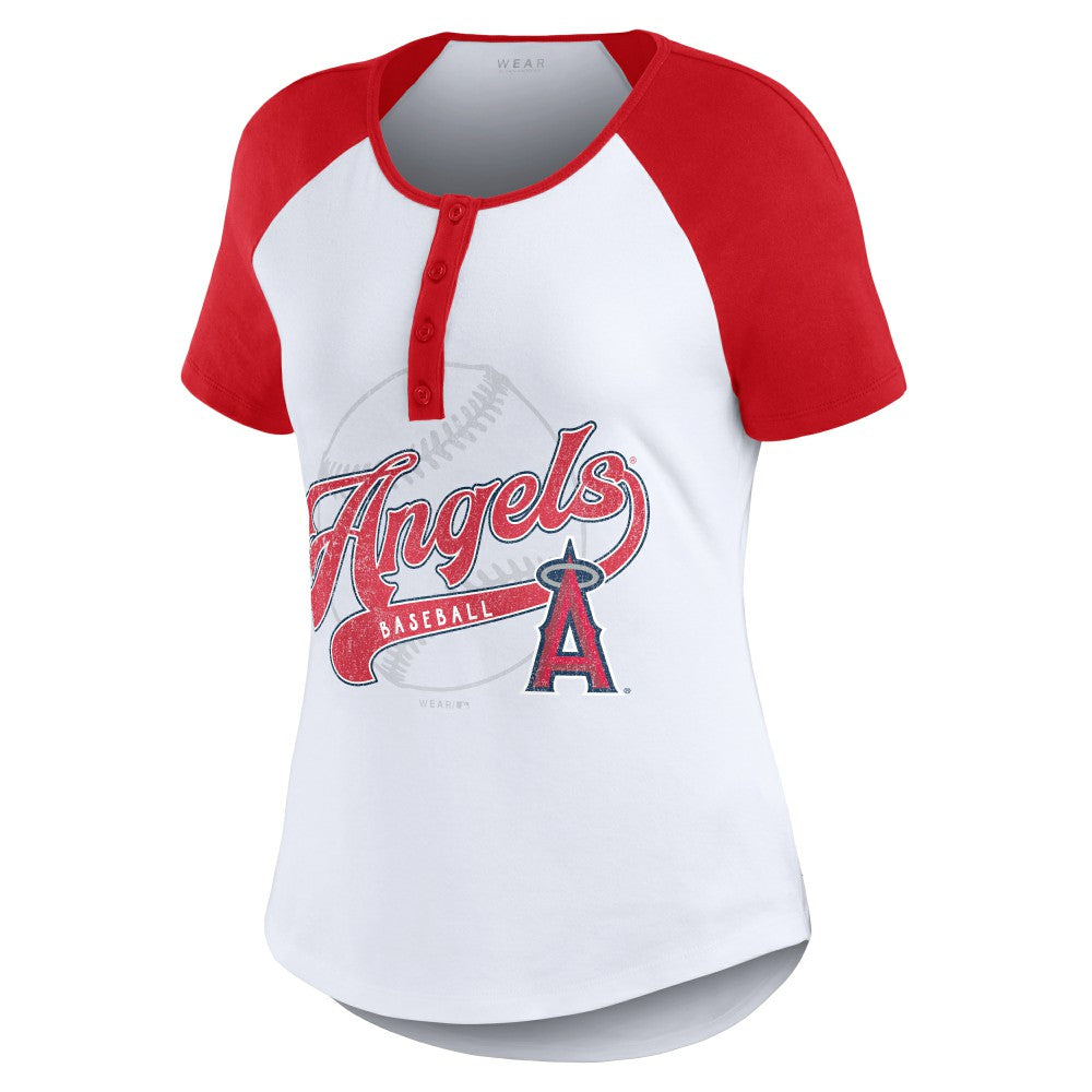 White/Red Los Angeles Angels WEAR by Erin Andrews Women's Fitted Henley Raglan T-Shirt