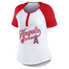 White/Red Los Angeles Angels WEAR by Erin Andrews Women's Fitted Henley Raglan T-Shirt
