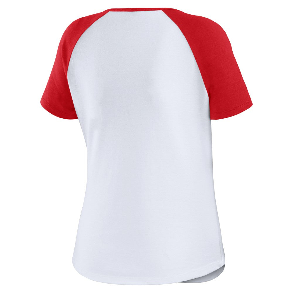 White/Red Los Angeles Angels WEAR by Erin Andrews Women's Fitted Henley Raglan T-Shirt