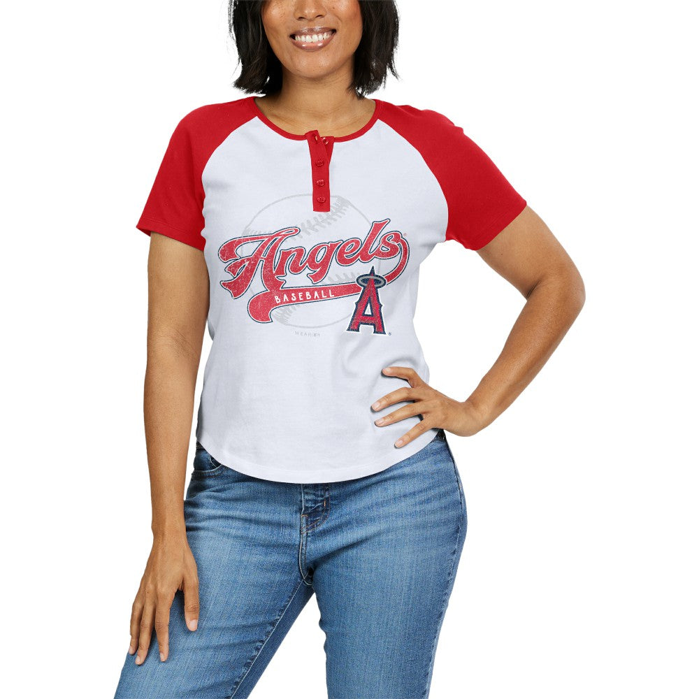 White/Red Los Angeles Angels WEAR by Erin Andrews Women's Fitted Henley Raglan T-Shirt