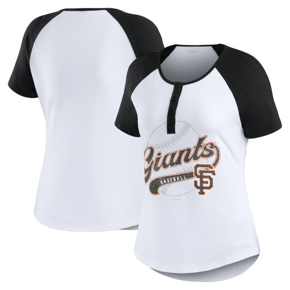 White/Black San Francisco Giants WEAR by Erin Andrews Women's Fitted Henley Raglan T-Shirt