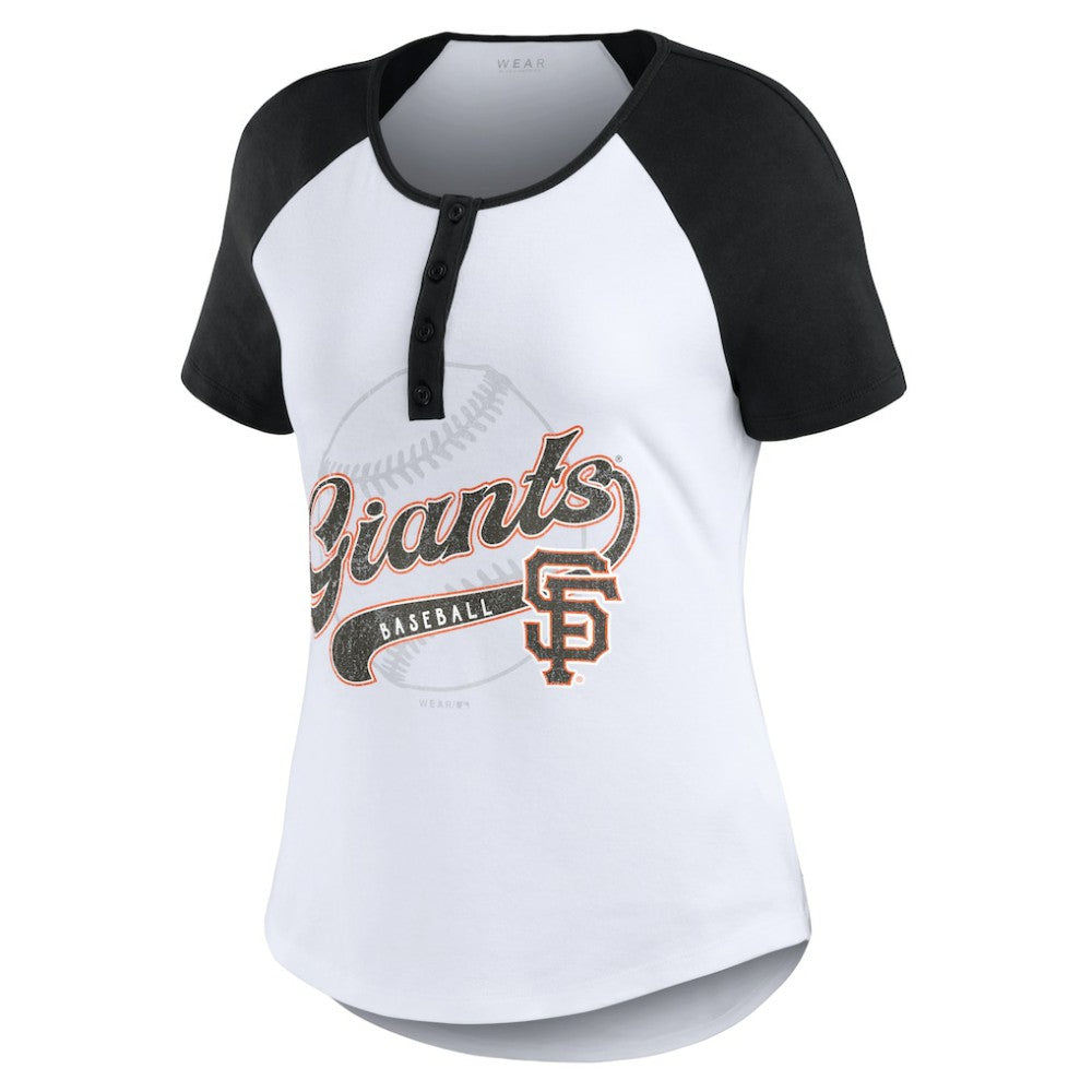 White/Black San Francisco Giants WEAR by Erin Andrews Women's Fitted Henley Raglan T-Shirt