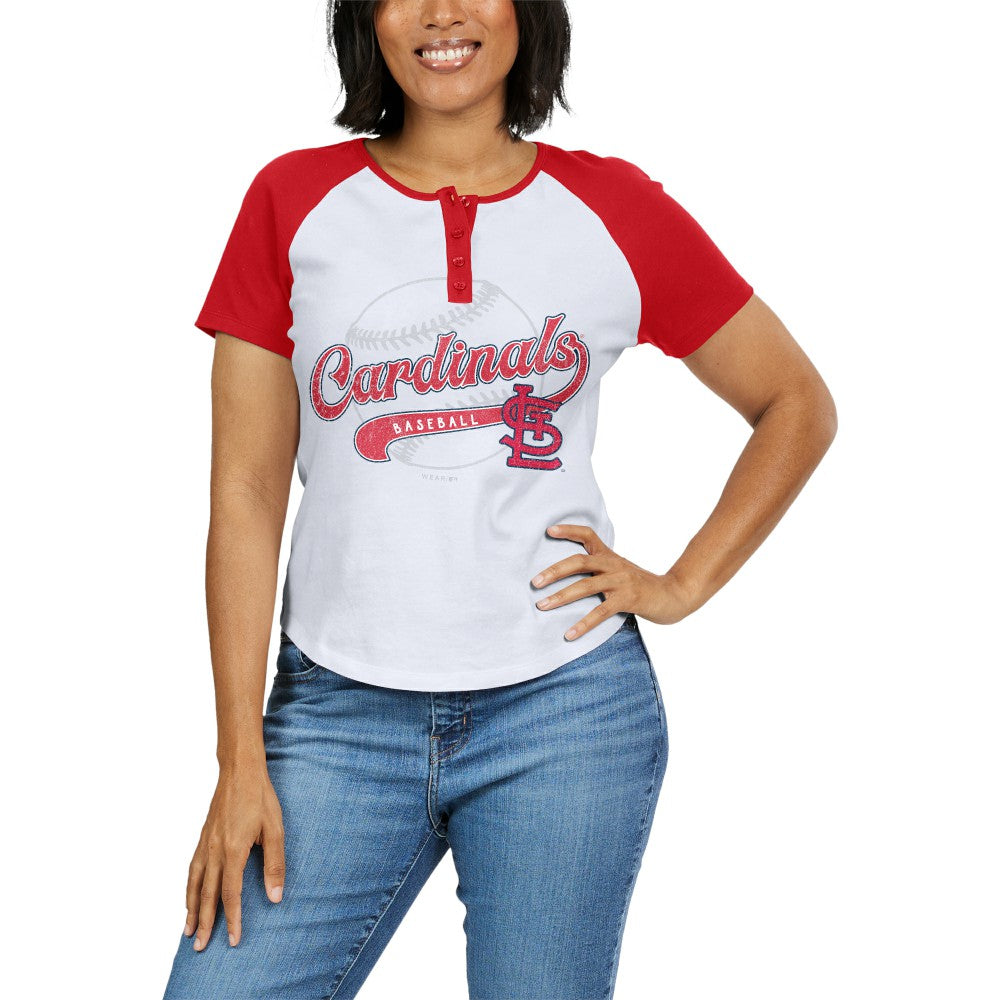 White/Red St. Louis Cardinals WEAR by Erin Andrews Women's Fitted Henley Raglan T-Shirt
