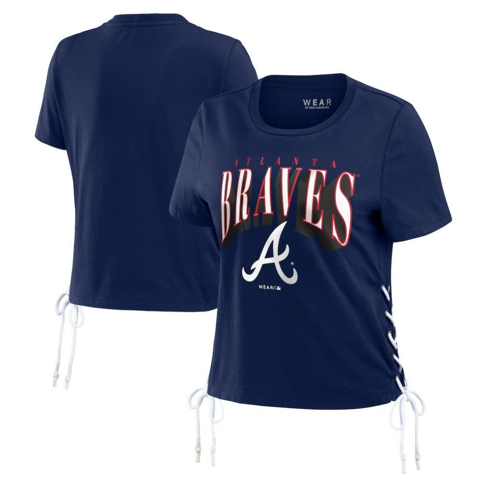 Navy Atlanta Braves WEAR by Erin Andrews Women's Side Lace-Up Cropped T-Shirt