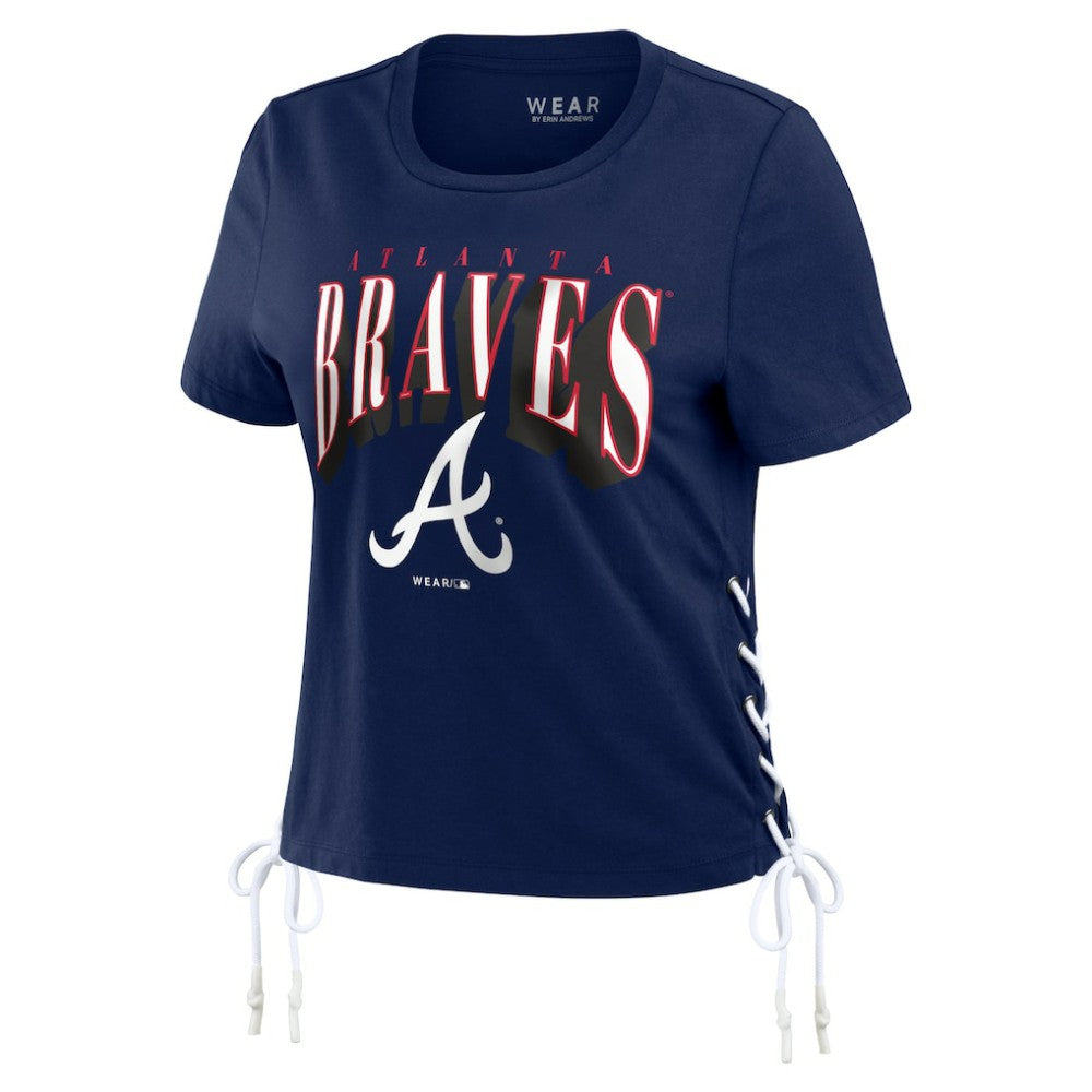 Navy Atlanta Braves WEAR by Erin Andrews Women's Side Lace-Up Cropped T-Shirt