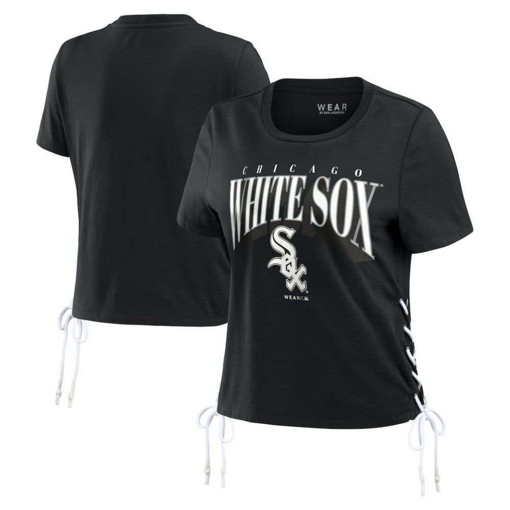 Black Chicago White Sox WEAR by Erin Andrews Women's Side Lace-Up Cropped T-Shirt