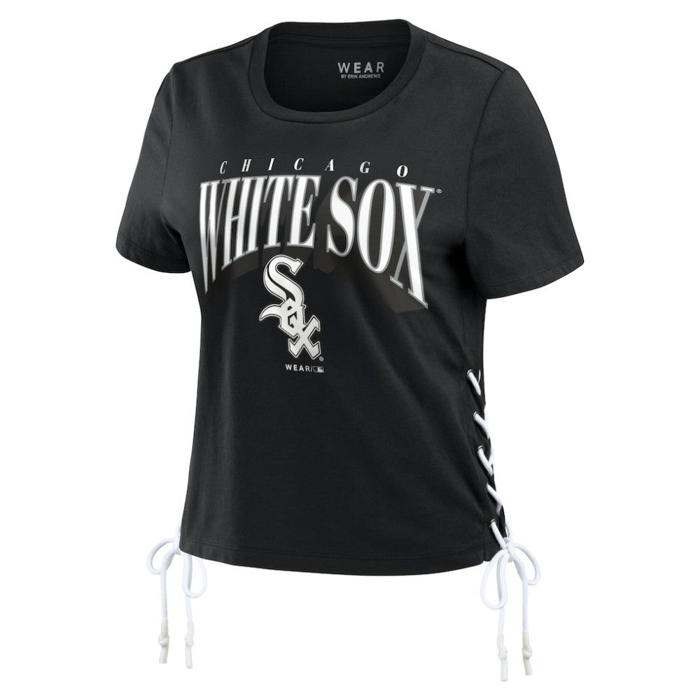 Black Chicago White Sox WEAR by Erin Andrews Women's Side Lace-Up Cropped T-Shirt