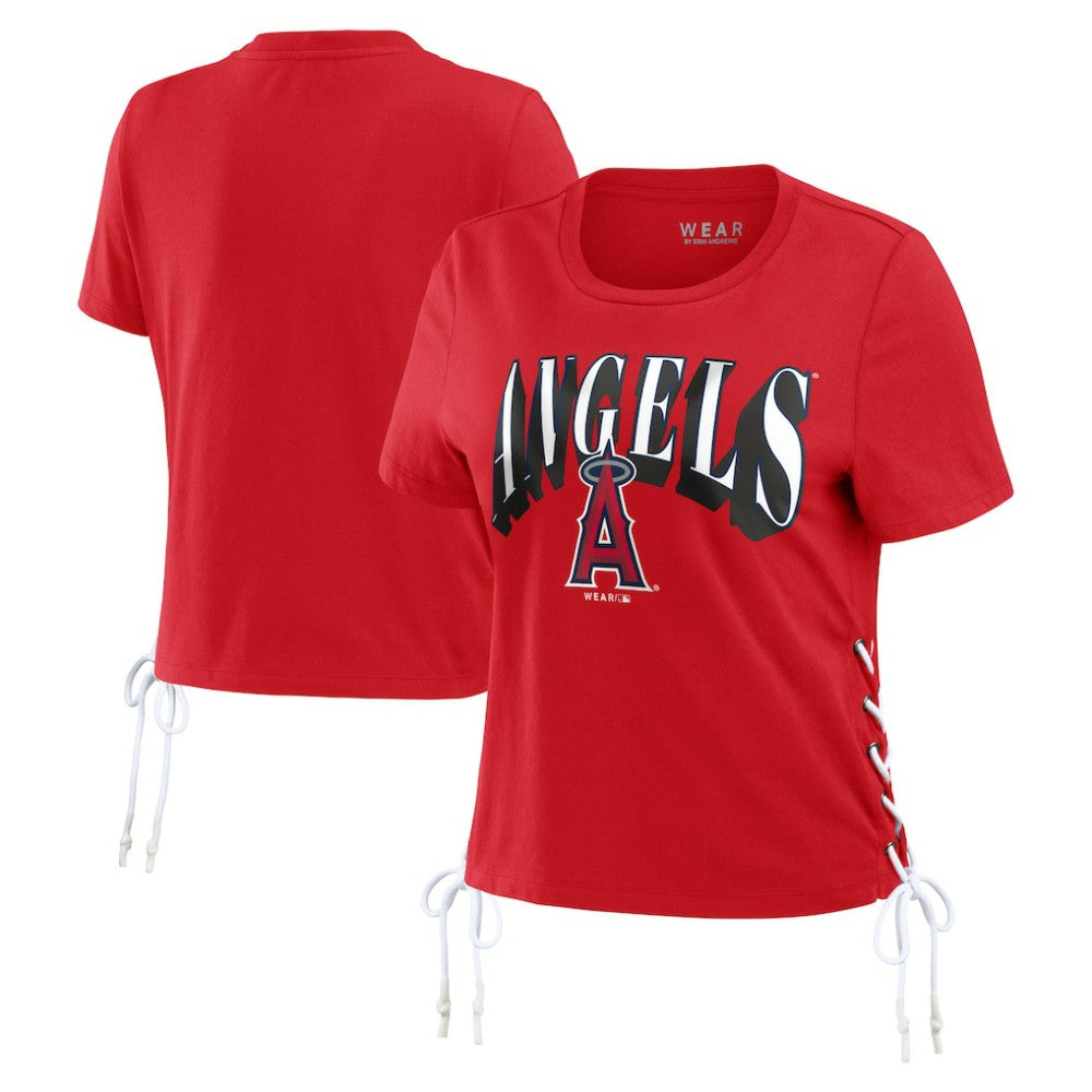 Red Los Angeles Angels WEAR by Erin Andrews Women's Side Lace-Up Cropped T-Shirt