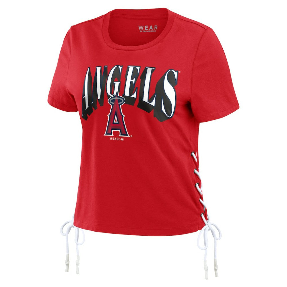 Red Los Angeles Angels WEAR by Erin Andrews Women's Side Lace-Up Cropped T-Shirt