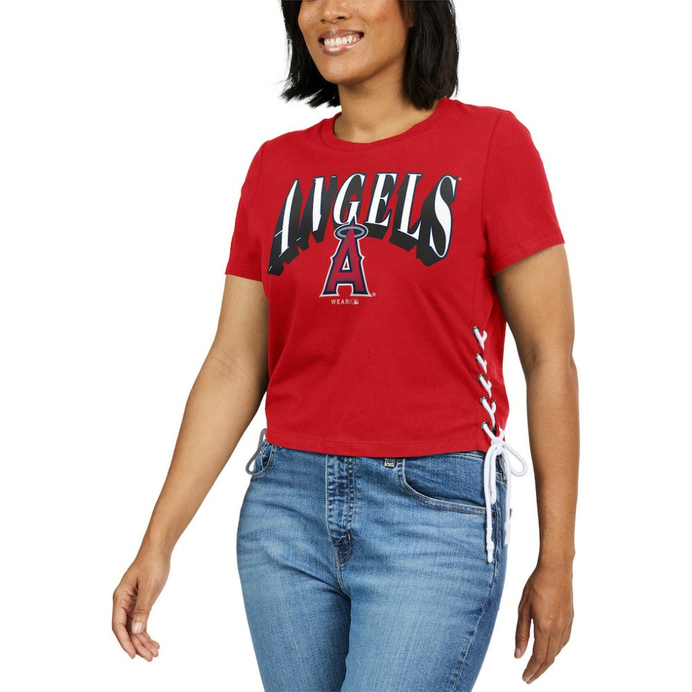 Red Los Angeles Angels WEAR by Erin Andrews Women's Side Lace-Up Cropped T-Shirt