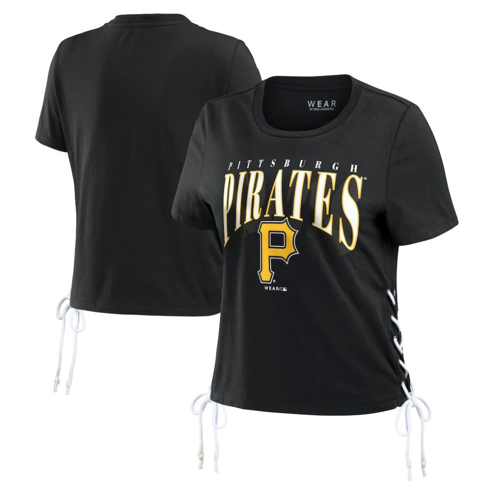 Black Pittsburgh Pirates WEAR by Erin Andrews Women's Side Lace-Up Cropped T-Shirt