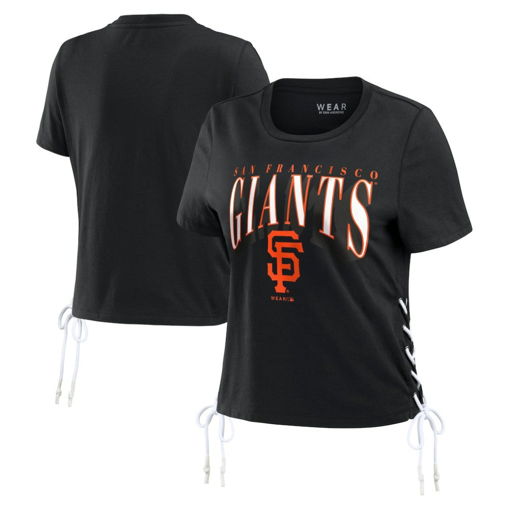 Black San Francisco Giants WEAR by Erin Andrews Women's Side Lace-Up Cropped T-Shirt