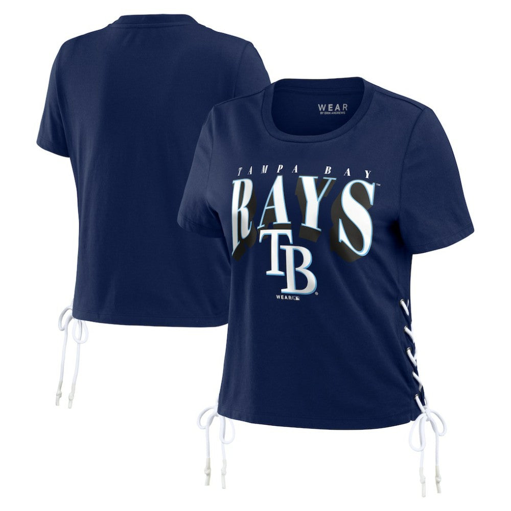 Navy Tampa Bay Rays WEAR by Erin Andrews Women's Side Lace-Up Cropped T-Shirt