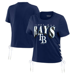 Navy Tampa Bay Rays WEAR by Erin Andrews Women's Side Lace-Up Cropped T-Shirt