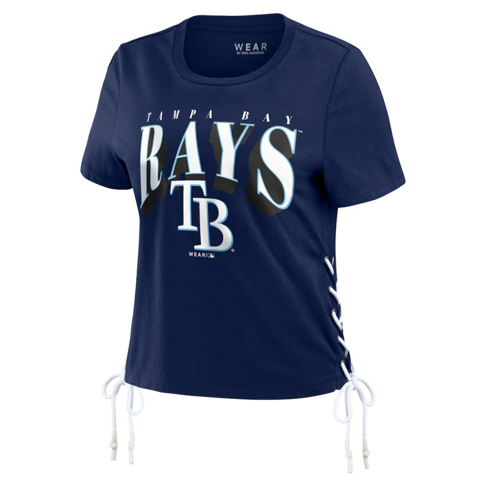 Navy Tampa Bay Rays WEAR by Erin Andrews Women's Side Lace-Up Cropped T-Shirt