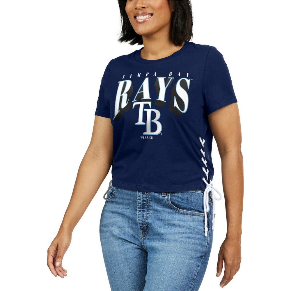 Navy Tampa Bay Rays WEAR by Erin Andrews Women's Side Lace-Up Cropped T-Shirt