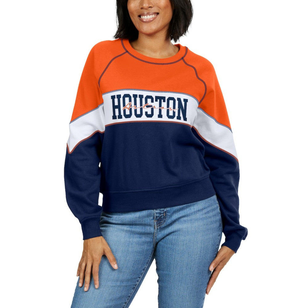 Orange/Navy Houston Astros WEAR by Erin Andrews Women's Color Block Crew Neck Pullover Sweatshirt