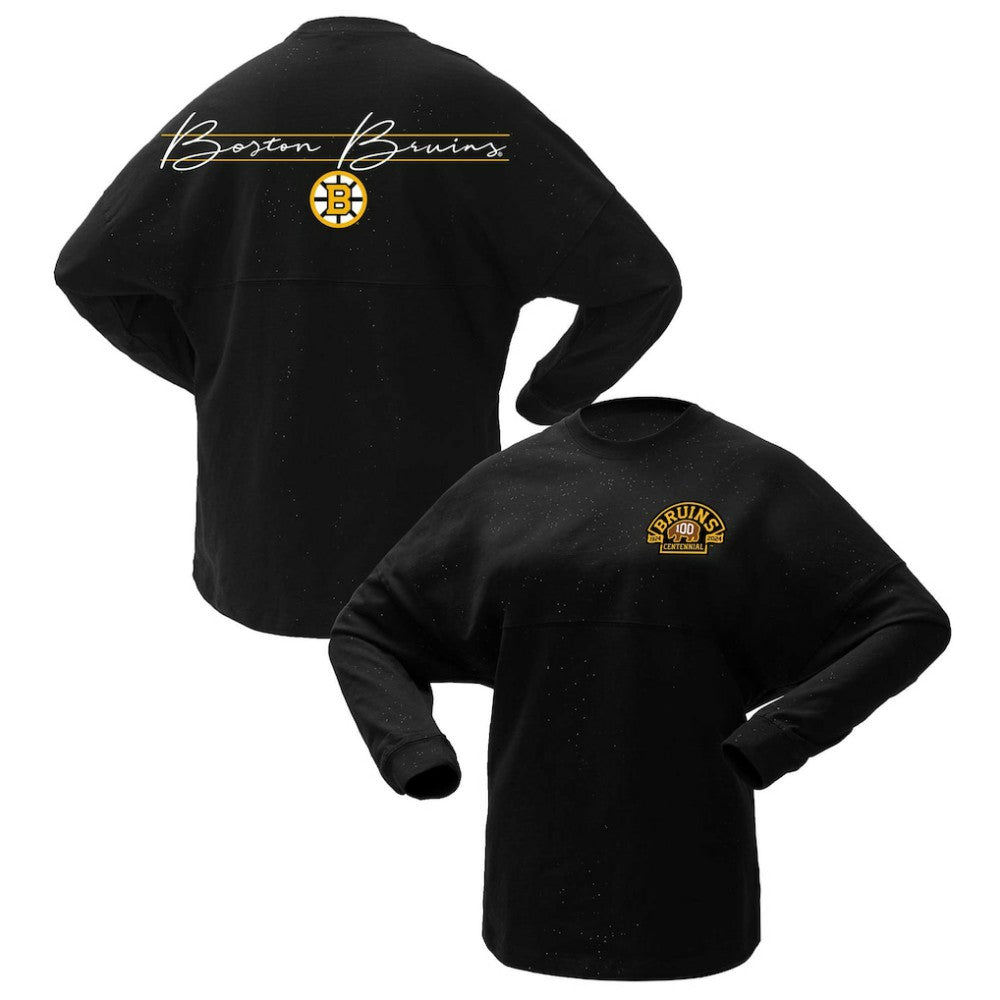 NHL Boston Bruins Fanatics Women's 100th Anniversary Sparkle Spirit Jersey T-Shirt