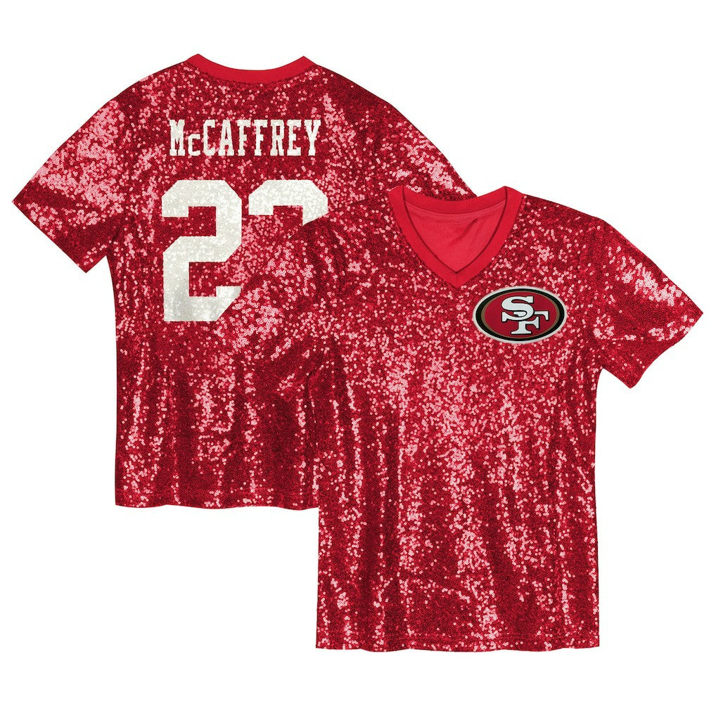 Christian McCaffrey  Girls Youth Sequin V-Neck Fashion Jersey - San Francisco 49ers Jerseys