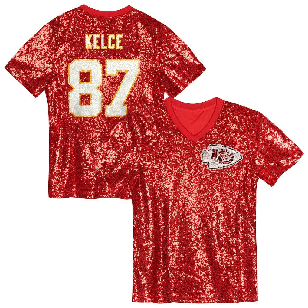 Travis Kelce  Girls Youth Sequin V-Neck Fashion Jersey - Kansas City Chiefs Jerseys