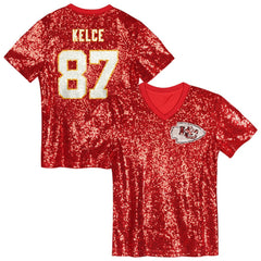 Travis Kelce  Girls Youth Sequin V-Neck Fashion Jersey - Kansas City Chiefs Jerseys