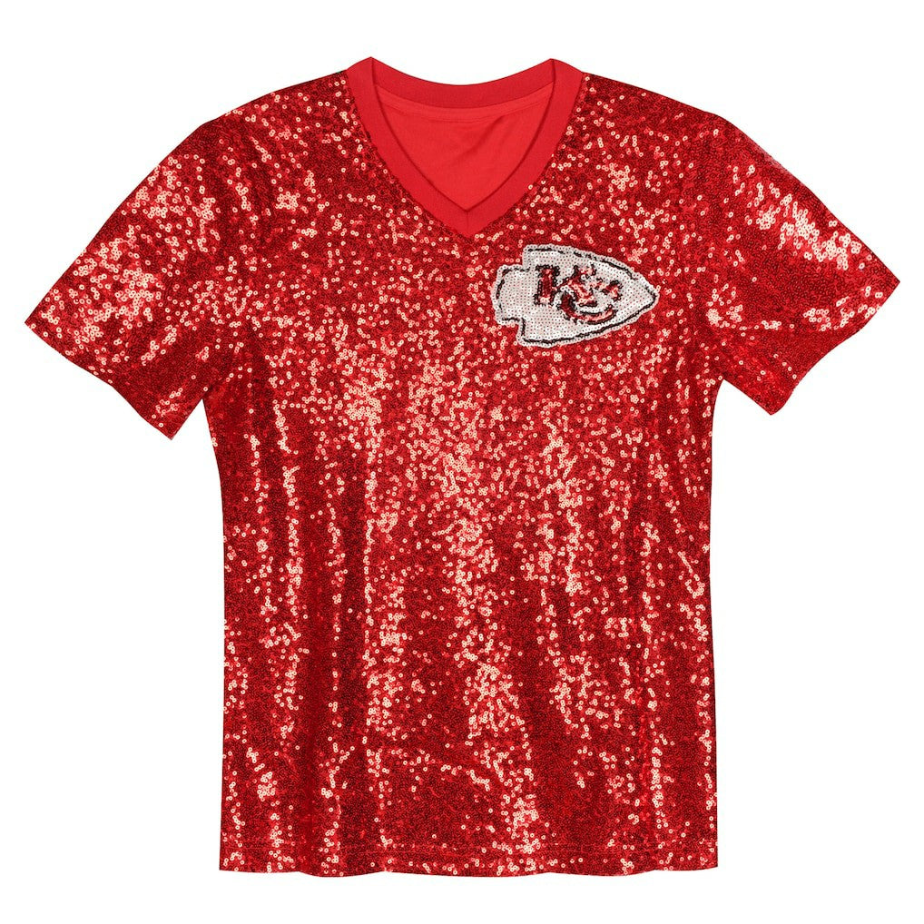 Travis Kelce  Girls Youth Sequin V-Neck Fashion Jersey - Kansas City Chiefs Jerseys