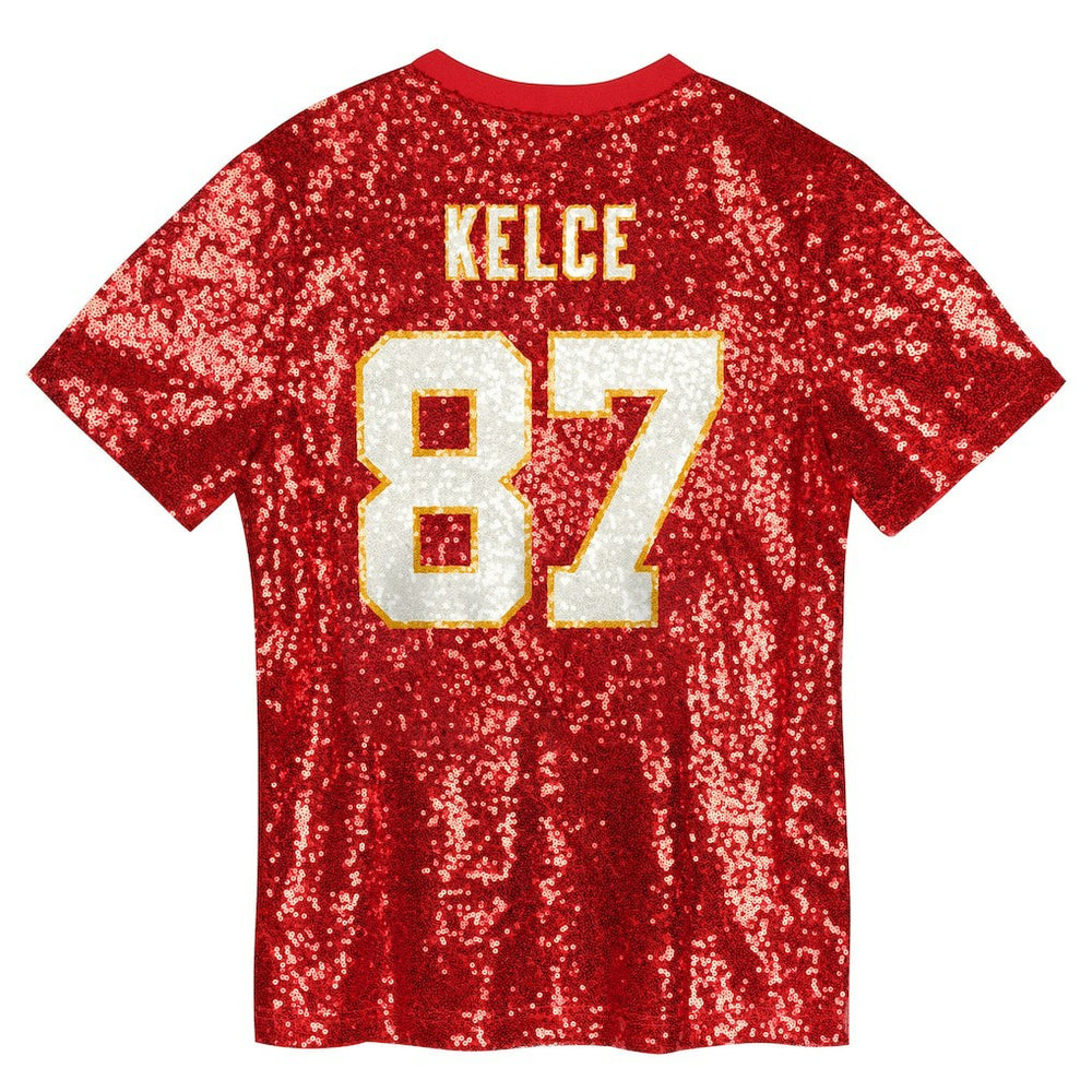 Travis Kelce  Girls Youth Sequin V-Neck Fashion Jersey - Kansas City Chiefs Jerseys