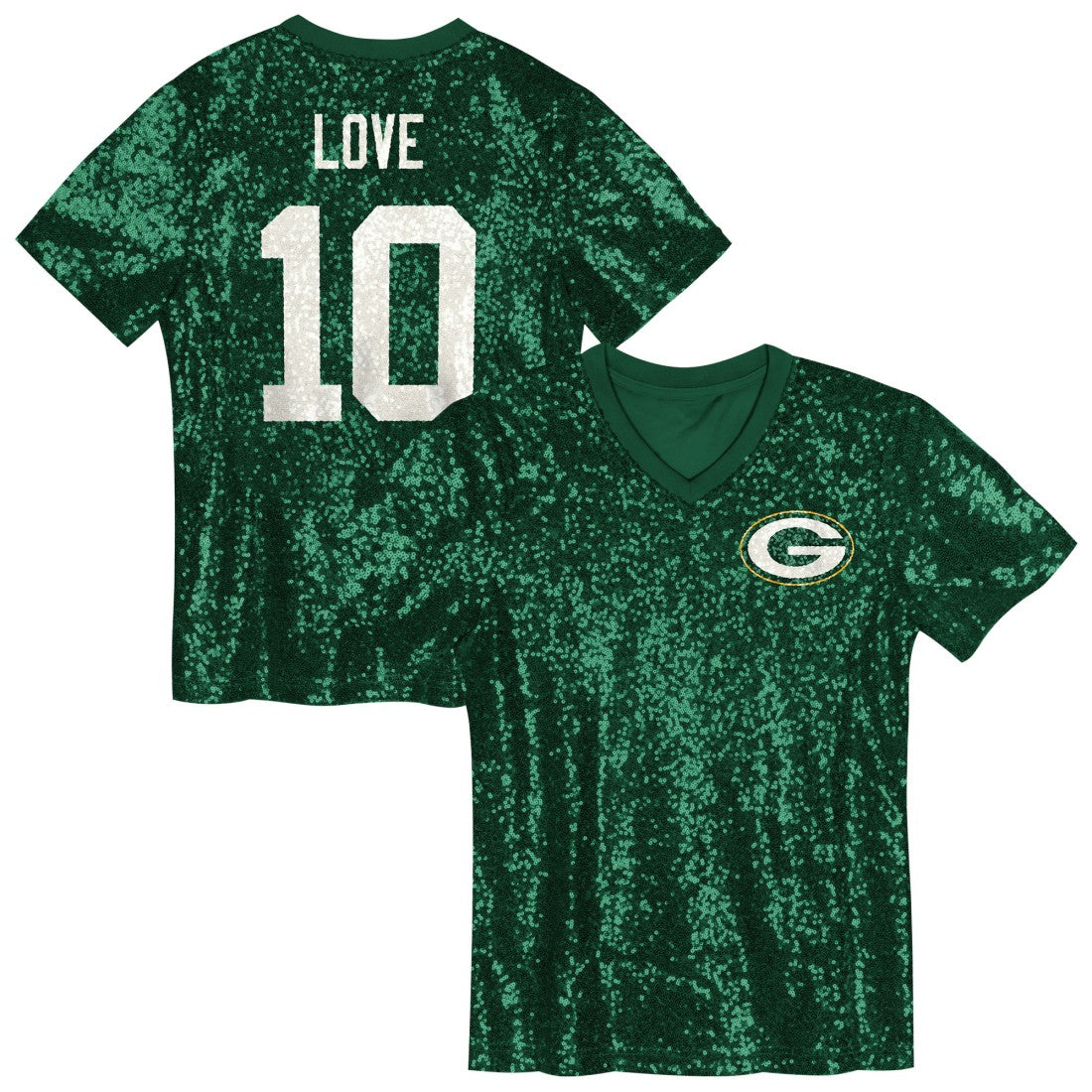Jordan Love  Girls Youth Sequin V-Neck Fashion Jersey - Green Bay Packers Jerseys