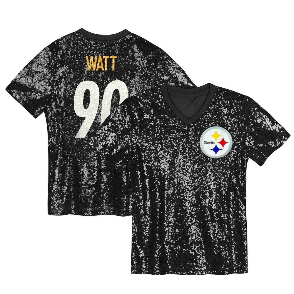 T.J. Watt  Girls Youth Sequin V-Neck Fashion Jersey - Pittsburgh Steelers Jerseys