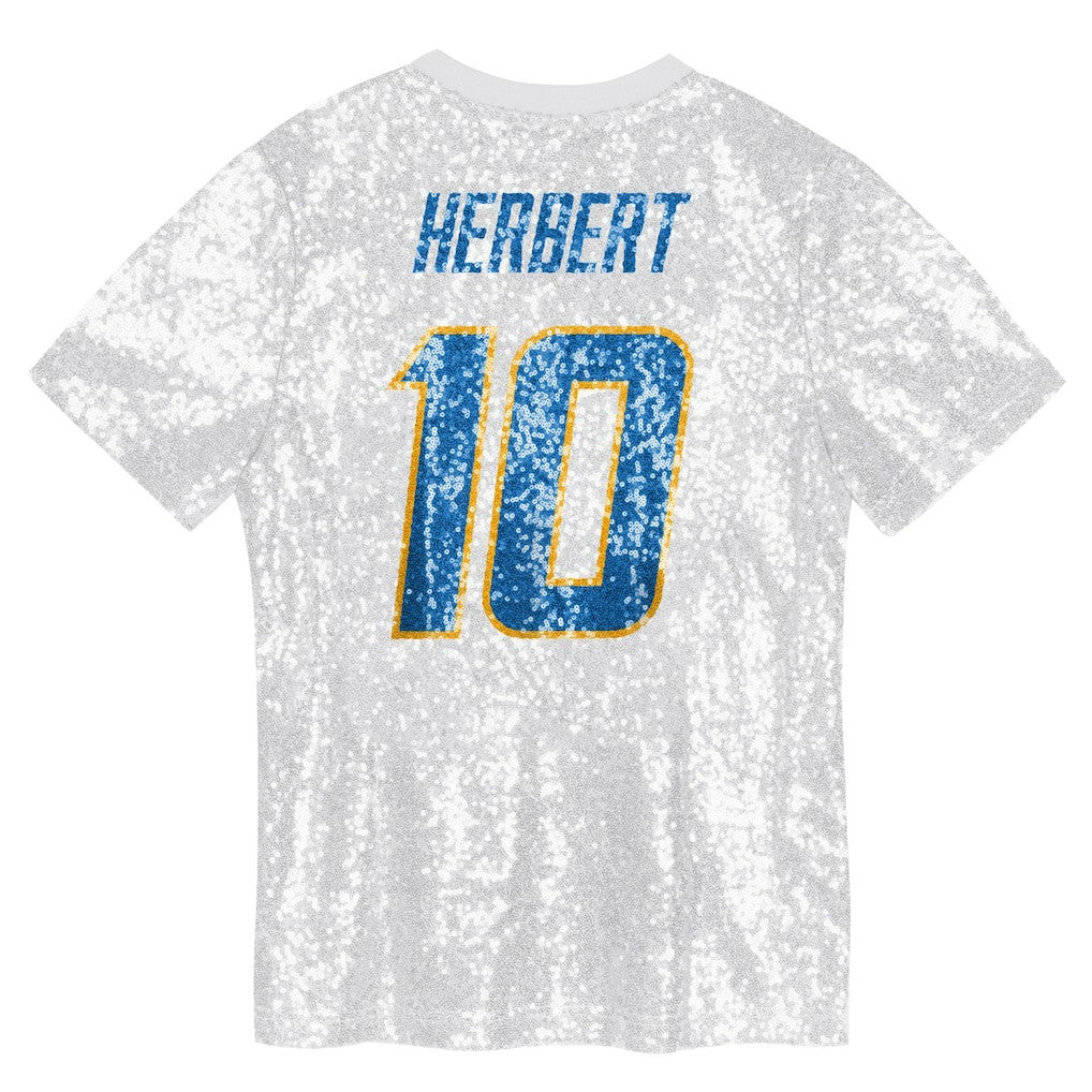Justin Herbert  Girls Youth Sequin V-Neck Fashion Jersey - Los Angeles Chargers Jerseys