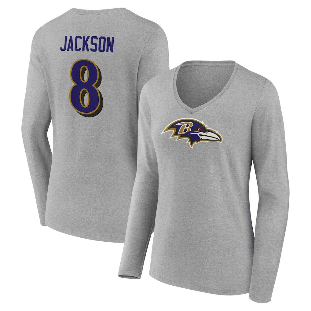 Lamar Jackson  Women's Icon Player Name & Number Long Sleeve V-Neck T-Shirt - Baltimore Ravens T-shirts