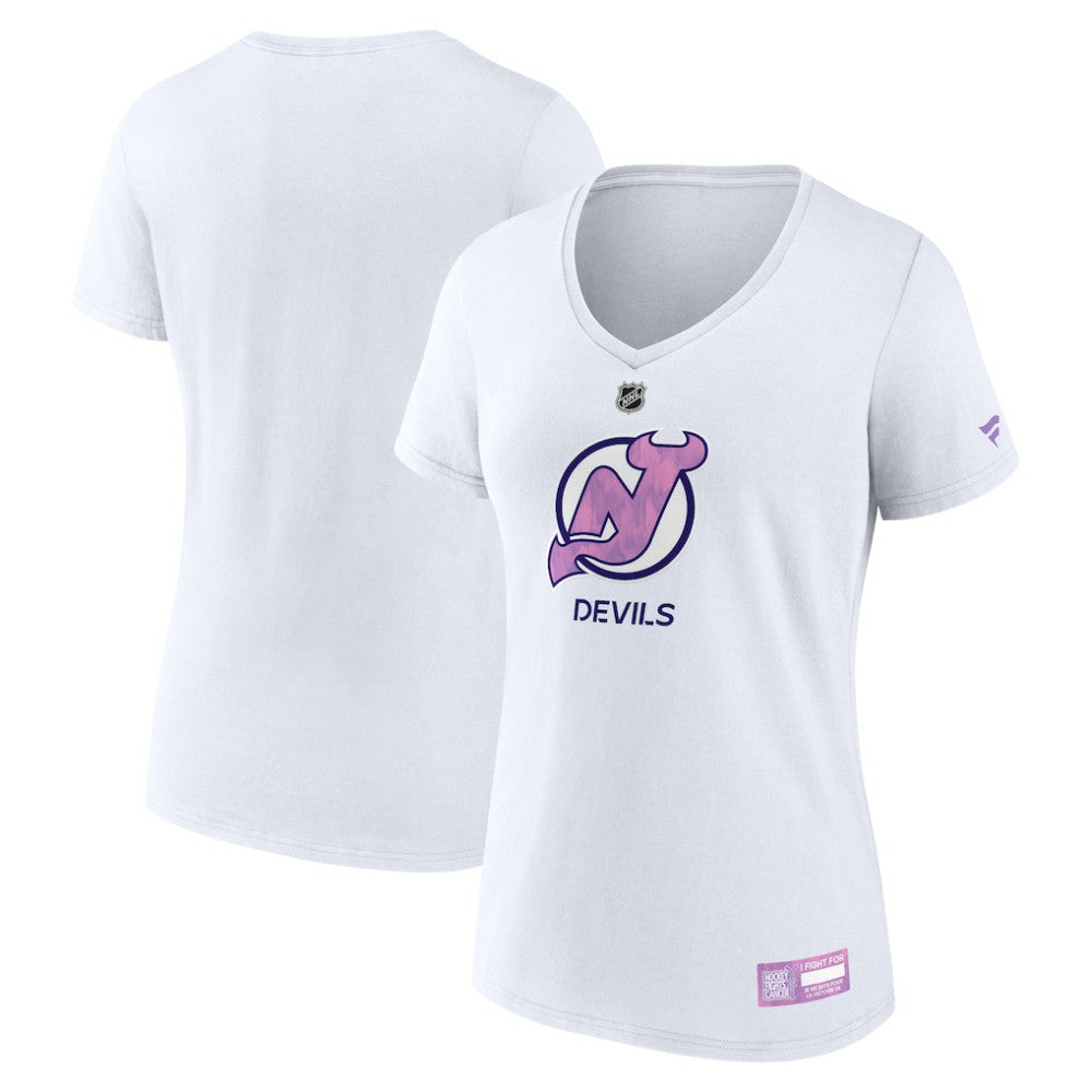 NHL New Jersey Devils Fanatics Women's 2024 Hockey Fights Cancer V-Neck T-Shirt